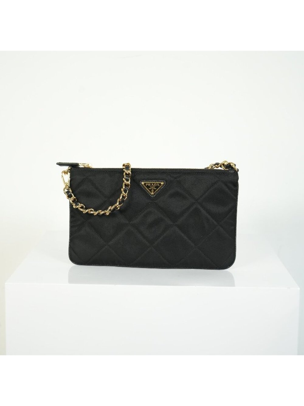 Prada Quilted Nylon Wallet On Chain Bag Black Triangle Logo Clutch